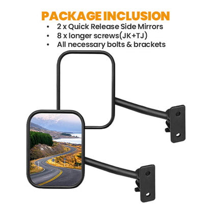 Quick Release Side Mirrors for TJ, JK, JKU